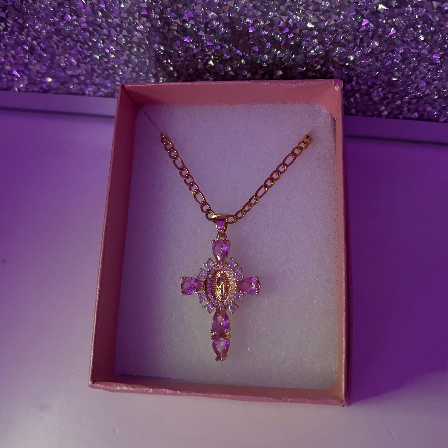 Pink Rhinestone Virgin Mary Cross