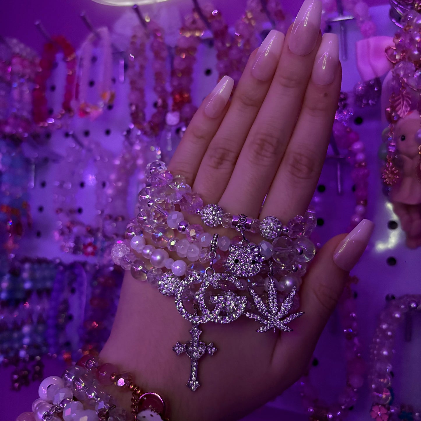 Gucci Pink & White Sparkle High Luxury Bracelet Stack