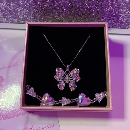 Blinged-Out Butterfly Necklace and Heart Bracelet bundle