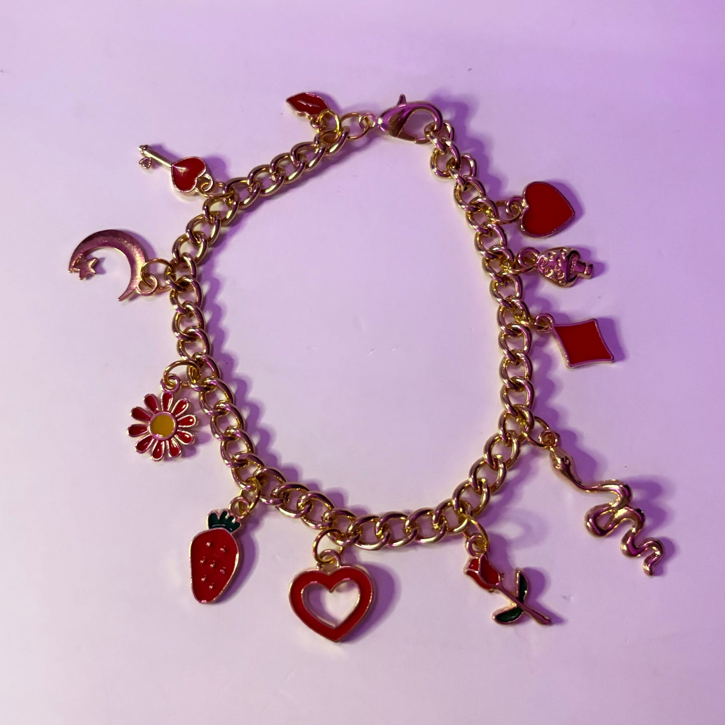 Vibrant Red themed Gold Charm bracelet